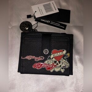 Ed Hardy Black Faux Leather Card Wallet Love Kills Slowly Skull & Heart NWT